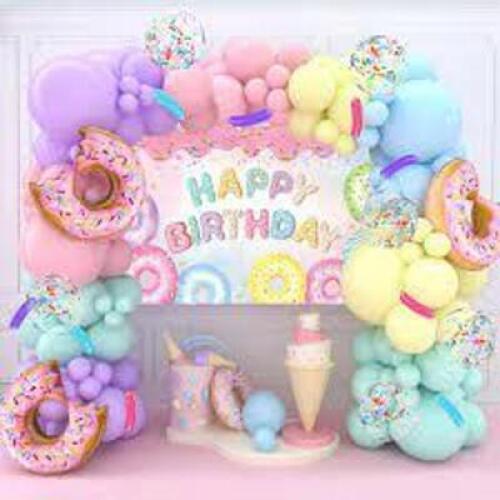 DESCRIPTION: (4) BIRTHDAY SET BRAND/MODEL: BLUE PANDA INFORMATION: PASTEL RAINBOW SIZE: BALLOONS, CAKE, BANNERM WALL CUT OUTS RETAIL$: $16.99 EA QTY: