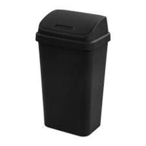 DESCRIPTION: (1) BLACK TRASH CAN SWING TOP BRAND/MODEL: MAINSTAYS SIZE: 13 GAL RETAIL$: $10..00 EA QTY: 1