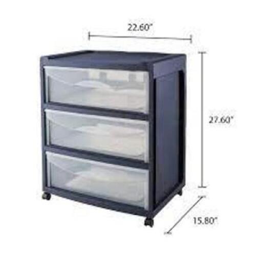 DESCRIPTION: (1) 3 DRAWER WIDE CART BRAND/MODEL: MAINSTAYS INFORMATION: GREY SIZE: 22X15X27 RETAIL$: $27.98 EA QTY: 1