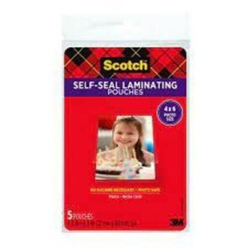 DESCRIPTION: (5) PACKS OF (5) SELF SEAL LAMINATING POUCHES BRAND/MODEL: SCOTCH SIZE: 4X6 RETAIL$: $6.00 EA QTY: 5