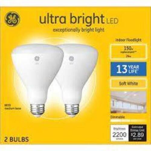 DESCRIPTION: (1) BOX OF (2) ULTRA BRIGHT LED LIGHT BULBS BRAND/MODEL: GE INFORMATION: 150 W RETAIL$: $28.99 EA QTY: 1