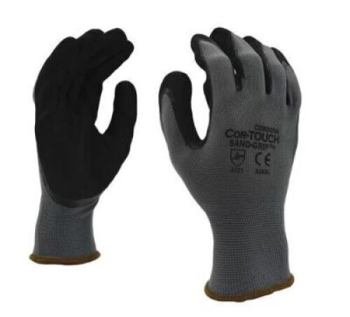 DESCRIPTION: (24) COR-TOUCH SAND GRIP WORK GLOVES BRAND/MODEL: CORDOVA #6993 INFORMATION: BLACK AND GRAY SIZE: LARGE RETAIL$: $71.00 TOTAL QTY: 24