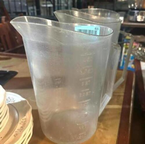 (3) LARGE PLASTIC MEASURING PITCHERS.
