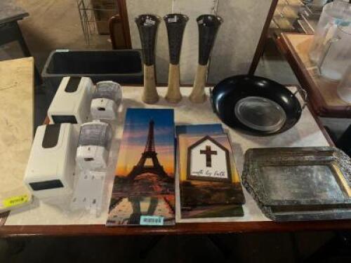 CONTENTS OF TABLE - MISC. DECORATIONS, CLEANING SUPPLIES, AND TRAYS