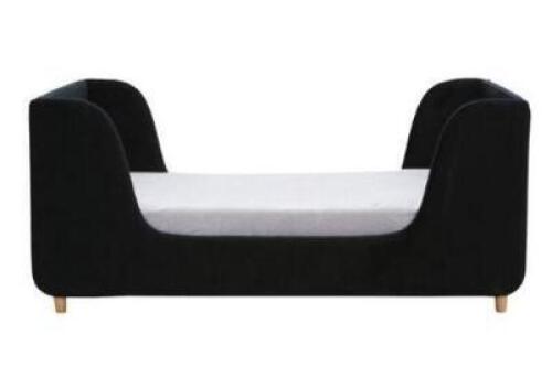 DESCRIPTION: (1) KARLA DUBOIS BODHI TODDLER BED BRAND/MODEL: 628-176-0104 INFORMATION: BLACK/SOFT TOUCH VELVET RETAIL$: $319.19 SIZE: 25"H X 31"W X 55