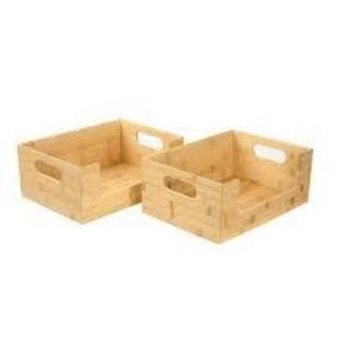 DESCRIPTION: (2) PACKS OF (2) SMALL OPEN FRONT BIN BRAND/MODEL: THE HOME EDIT INFORMATION: BAMBOO SIZE: SMALL RETAIL$: $17.96 EA QTY: 2