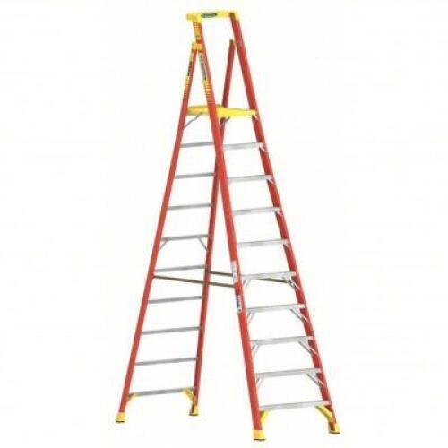 DESCRIPTION: (1) PODIUM STEPLADDER BRAND/MODEL: WERNER #20KJ30 INFORMATION: ORANGE SIZE: 3 FT LADDER HT, 9-1/2 FT PLATFORM HT, 300 LB, 80 1/2 IN BASE