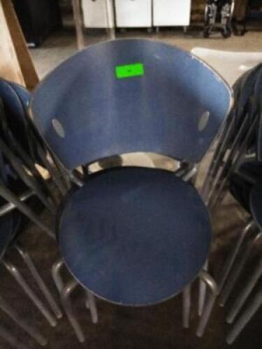 DESCRIPTION: (4) STACKABLE WOODEN CHAIRS WITH BACK INFORMATION: BLUE SIZE: CIRCLE SEAT RETAIL$: $140.00 EA QTY: 4