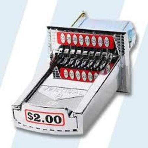 DESCRIPTION: (2) $2 COIN CHUTE BRAND/MODEL: GREENWALD INFORMATION: SILVER WITH RED SIZE: TAKES QUARTERS, $2 TOTAL RETAIL$: $77.26 EA QTY: 2