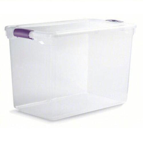 DESCRIPTION: (6) STORAGE TOTE BRAND/MODEL: HOMZ #13N883 INFORMATION: CLEAR BODY WITH CLEAR LID SIZE: 28 GAL, 28 3/4 IN X 16 IN X 18 1/4 IN RETAIL$: $3