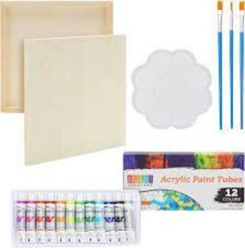 DESCRIPTION: (2) ART KIT WITH ACRYLIC PAINT FOR KIDS WITH EXTRA WOOD CANVAS BRAND/MODEL: BRIGHT CREATIONS RETAIL$: $30.00 PER KIT WITH CANVAS QTY: 2