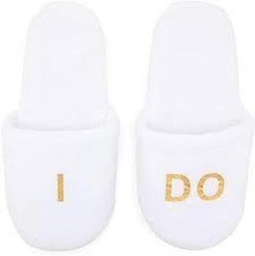DESCRIPTION: (3) PAIRS OF BRIDAL SLIPPERS BRAND/MODEL: SPARKLE AND BASH INFORMATION: GOLD PRINTED: "I DO " SIZE: WHITE RETAIL$: $7.00 EA QTY: 3