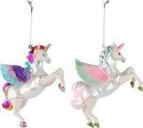 DESCRIPTION: (1) BOX OF (2) UNICORN ORNAMENTS, CHRISTMAS BRAND/MODEL: JUVALE INFORMATION: GLASS, RAINBOW RETAIL$: $27.99 EA QTY: 1