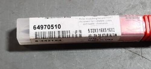 DESCRIPTION: (1) SOLID CARBIDE DE SQ END MILL BRAND/MODEL: ACCUPRO 64970510 SIZE: 5/32" 5/16" DIA 3/16" SD RETAIL$: $31.77 QTY: 1