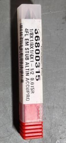 DESCRIPTION: (1) SOLID CARBIDE CORNER RADIUS END MILL BRAND/MODEL: ACCUPRO 86800315 SIZE: 1/8" DIA 1/4" LOC QTY: 1