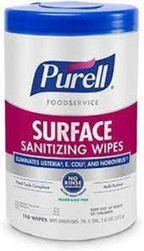 DESCRIPTION: (6) SURFACE SANITIZING WIPES BRAND/MODEL: PURELL SIZE: 110 WIPES PER CONTAINER RETAIL$: $11.99 EA QTY: 6