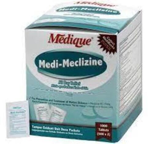 DESCRIPTION: (4) MOTION SICKNESS TABLETS BRAND/MODEL: MEDIQUE MEDI-MECLIZINE SIZE: 100 TABLETS RETAIL$: $15.04 EA QTY: 4