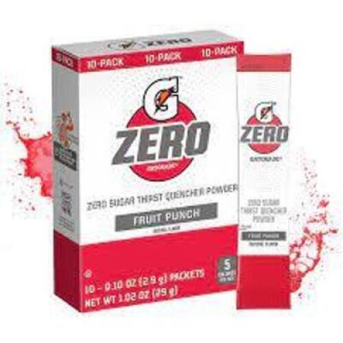 DESCRIPTION: (6) BOXES OF (10) SINGLE USE PACKETS OF CONCENTRATED SPORTS DRINK BRAND/MODEL: GATORADE ZERO INFORMATION: FRUIT PUNCH SIZE: 0.10 OZ RETAI