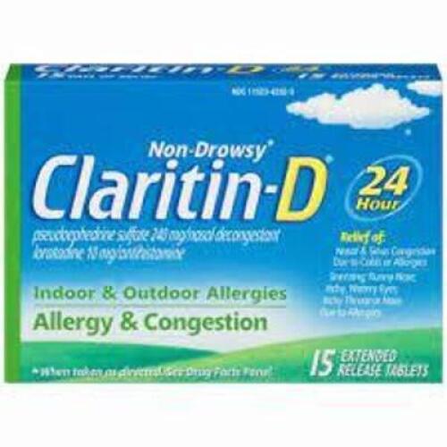 DESCRIPTION: (6) INDOOR AND OUTDOOR ALLERGIES EXTENDED RELEASE TABLETS BRAND/MODEL: CLARITIN-D RETAIL$: $13.99 EA QTY: 6