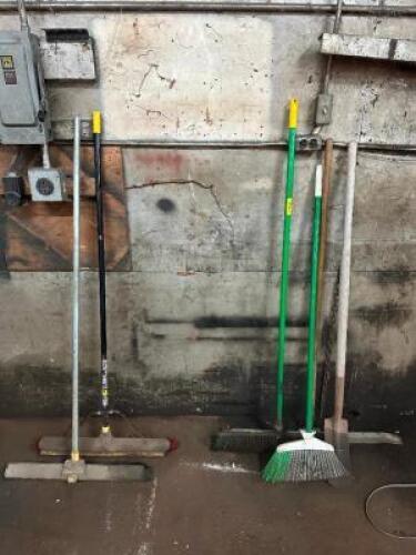 (5) ASSORTED LONG HANDLE TOOLS AND BROOMS