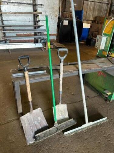 (4) ASSORTED LONG HANDLE TOOLS AND BROOMS