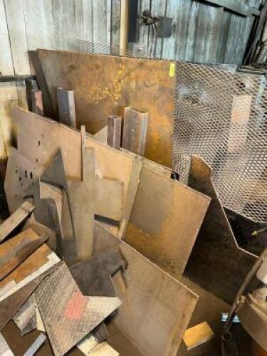 MATERIAL RACK AND CONTENTS - STEEL, METAL GRID SHEETS, SCRAP METAL