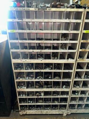 (2) METAL HARDWARE BINS W/ CONTENTS - ASSORTED HYDRAULIC FITTINGS