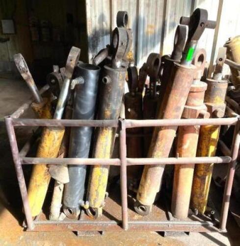VARIOUS INDUSTRIAL TIE ROD HYDRAULIC CYLINDERS AS SHOWN (STEEL STORAGE CRATE INCLUDED)