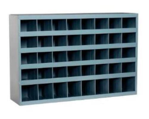 DESCRIPTION: (1) PIGEONHOLE BIN UNIT BRAND/MODEL: DURHAM MFG/349-95 INFORMATION: 40-COMPARTMENT/GRAY RETAIL$: $153.26 SIZE: 34"W X 24"H X 8-1/2"D QTY: