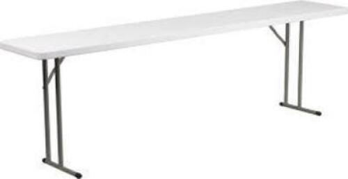 DESCRIPTION: (1) FOLD TRAINING TABLEBRAND/MODEL: FLASH FURNITURE #DAD-YCZ-244-2-GW-GGINFORMATION: WHITESIZE:&nbsp;30" X 96" X 29"RETAIL$: $113.99 EAQTY: 1