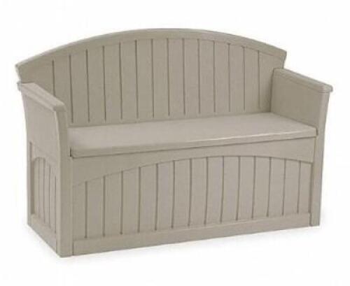 DESCRIPTION: (1) PATIO BENCH BRAND/MODEL: SUNCAST/PB6700 INFORMATION: RESIN SEAT/LIGHT TAUPE RETAIL$: $187.19 SIZE: 52-3/4"W X 21"D X 34-1/2"H QTY: 1