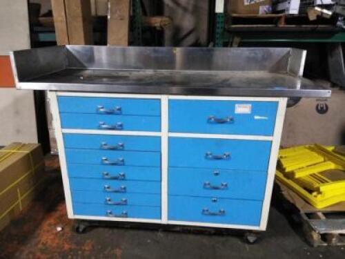 DESCRIPTION: (1) STORAGE CABINET WITH WORK TOP, TOP NOT ATTACHED INFORMATION: STAINLESS STEEL TOP SIZE: 12 DRAWERS QTY: 1