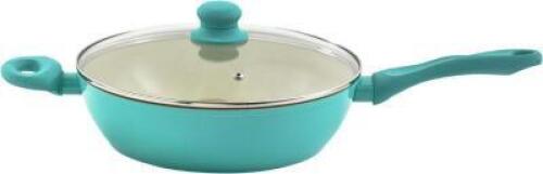 DESCRIPTION: (1) SAUTE PAN WITH LID BRAND/MODEL: GIBSON #139790.02R INFORMATION: TEAL, CERAMIC NONSTICK ENAMEL SIZE: 4.5 QT RETAIL$: $32.99 EA QTY: 1