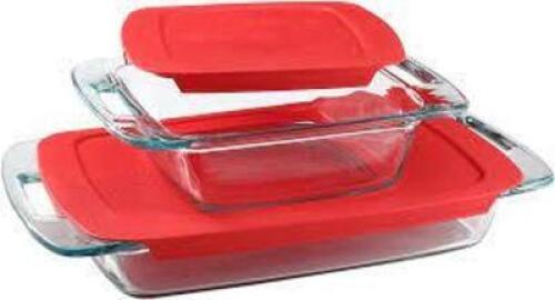 DESCRIPTION: (1) EASY GRAB BAKING SET BRAND/MODEL: PYREX INFORMATION: RED & CLEAR/4-PIECES/OBLONG SIZE: 4 PIECE, 3 QT, 2 QT RETAIL$: $15.98 TOTAL QTY: