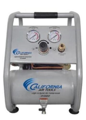 DESCRIPTION: (1) ELECTRIC AIR COMPRESSOR BRAND/MODEL: CALIFORNIA AIR TOOLS/1P1060S INFORMATION: ULTRA-QUIET/OIL-FREE/56DB RETAIL$: $150.00 SIZE: 1 GAL