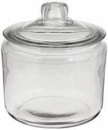 DESCRIPTION: (1) SET OF (3) GLASS JAR STORAGE WITH LIDS BRAND/MODEL: ANCHOR HOCKING INFORMATION: GLASS, CLEAR SIZE: (2) 1/2 GAL, (1) 3 QT RETAIL$: $14