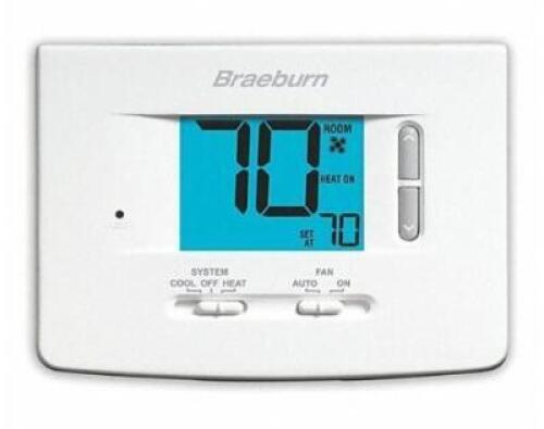 DESCRIPTION: (1) THERMOSTAT BRAND/MODEL: BRAEBURN/1020 INFORMATION: WHITE/LOW VOLTAGE RETAIL$: $35.98 SIZE: 3-11/16"H X 1-3/8"D X 5-3/16"W QTY: 1