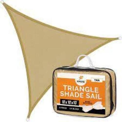 DESCRIPTION: (4) HEAVY DUTY SHADE SAIL BRAND/MODEL: X-POSE INFORMATION: TAN SIZE: 185 GSM, 10' X 10' X 10' RETAIL$: $27.99 EA QTY: 4