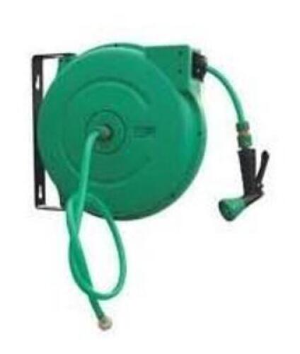 DESCRIPTION: (1) HOSE REEL BRAND/MODEL: HCT TECHNOLOGY/G701204 INFORMATION: GREEN/MAX PSI: 140 PSI/WALL-MOUNT RETAIL$: $96.32 SIZE: 1/2" X 65' QTY: 1