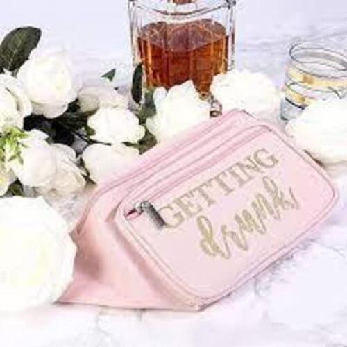 DESCRIPTION: (4) MAKEUP BAG BRIDESMAID GIFT BRAND/MODEL: GETTING DRUNK INFORMATION: PINK RETAIL$: $8.09 EA QTY: 4