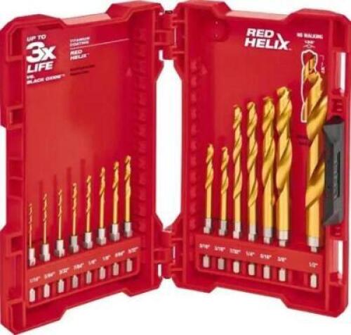 DESCRIPTION: (1) STEEL HEX SHANK DRILL BIT SET BRAND/MODEL: WILWAUKEE/48-89-4630 INFORMATION: 135 POINT/15-PIECES RETAIL$: $40.27 SIZE: 1/16" TO 1/2"