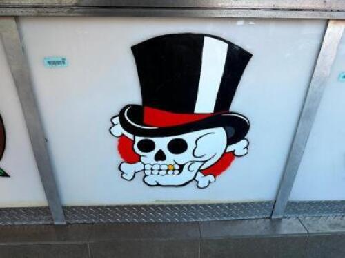 26" X 32" SAILOR JERRY INSPIRED ART WORK ON PLASTIC PANEL. "SKULL IN TOPHAT