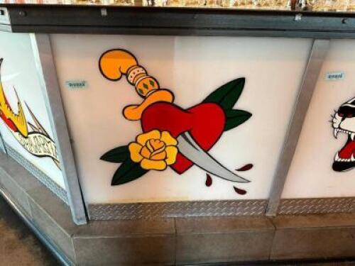 26" X 32" SAILOR JERRY INSPIRED ART WORK ON PLASTIC PANEL. "HEART W/ KNIFE"