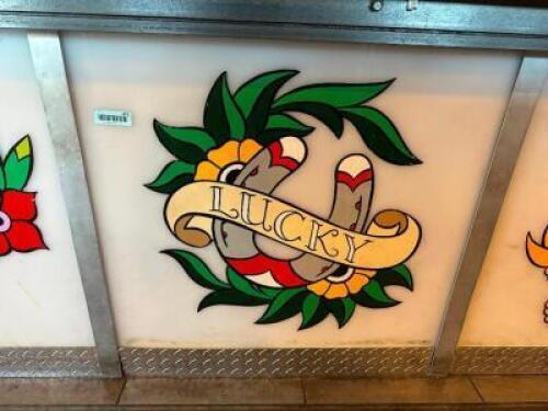 26" X 32" SAILOR JERRY INSPIRED ART WORK ON PLASTIC PANEL. "LUCKY U"
