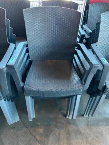 (4) BROWN PLASTIC PATIO STACKABLE ARM CHAIRS