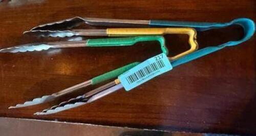 (3) STAINLESS TONGS W/ COATED HANDLES.