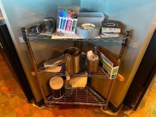 CORNER WIRE SHELF W/ CONTENTS - ASSORTED OFFICE SUPPLIES.