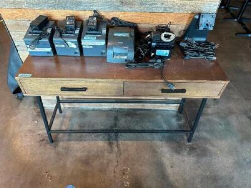 48" WOODEN ACCENT TABLE W/ DRAWERS AND METAL BASE.