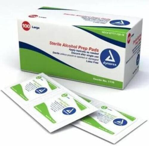 DESCRIPTION: (5) PACKS OF (100) ALCOHOL PREP PAD BRAND/MODEL: DYNAREX/Z155818X INFORMATION: 5 BOXES OF 20 PER CASE/LATEX-FREE RETAIL$: $32.34 PER PK O