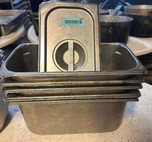 (5) 1/3 SIZE STAINLESS INSERTS W/ LIDS